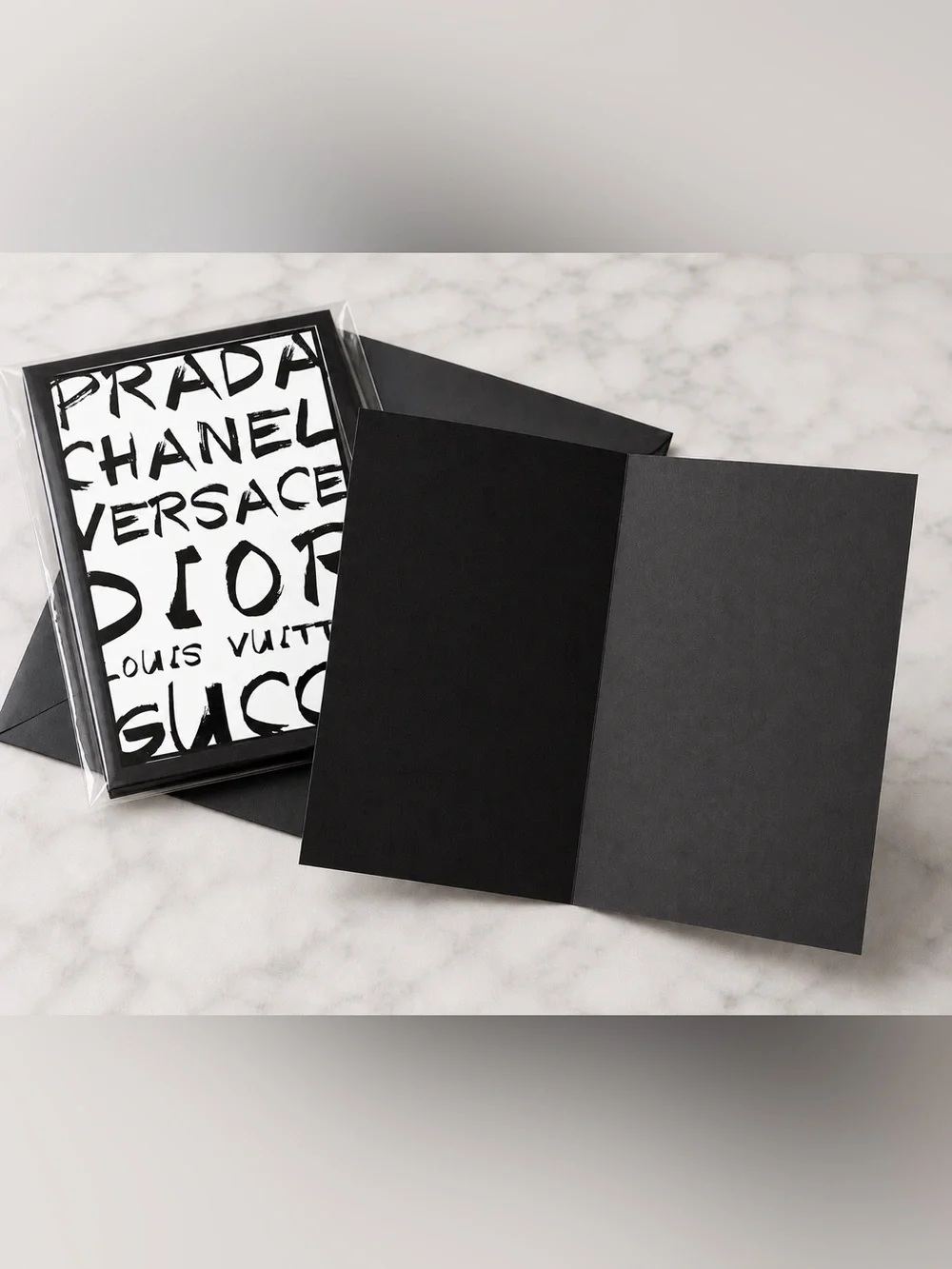 Prada, Chanel, Versace, Dior, Louis Vuitton, and Gucci Graphic Print Card Set